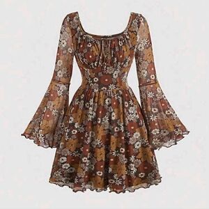Shein Mod Floral Flounce Sleeve Ruched Bust Dress